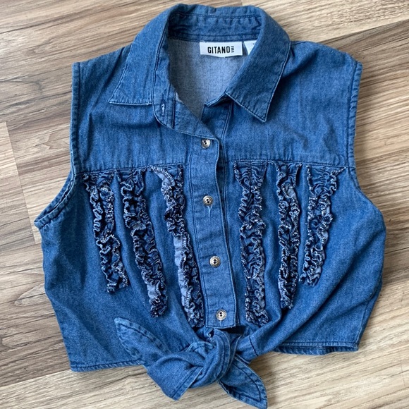 Vintage Gitano Denim Jean Crop Top Shirt Button Up S Small Blue Croptop Classic - Picture 7 of 7